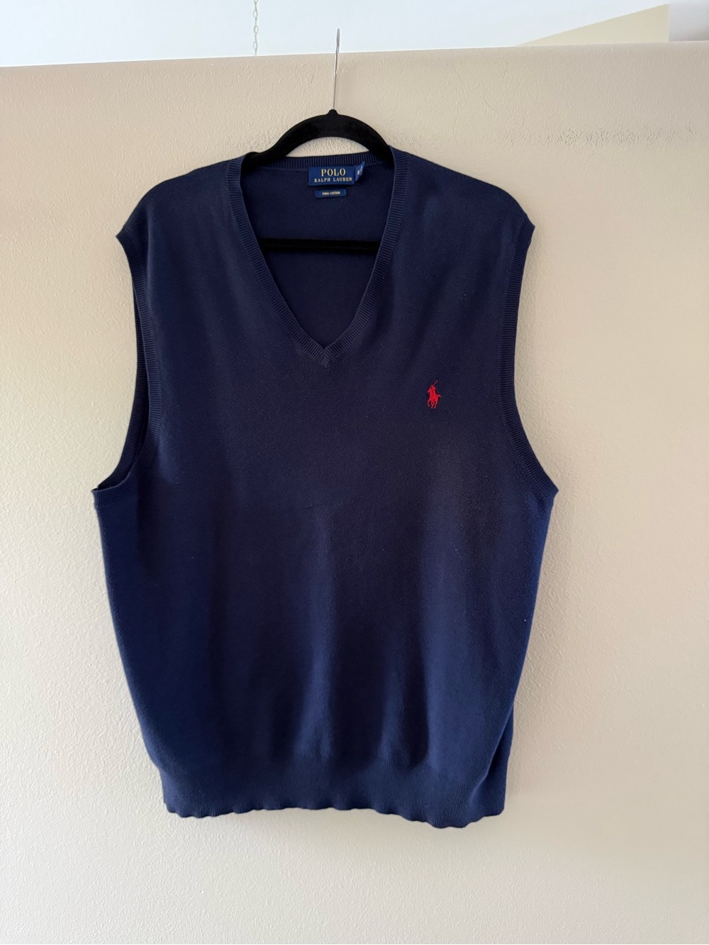 Polo by Ralph Lauren Men’s Navy V-Neck Sweater Vest with Red Pony Embroidery